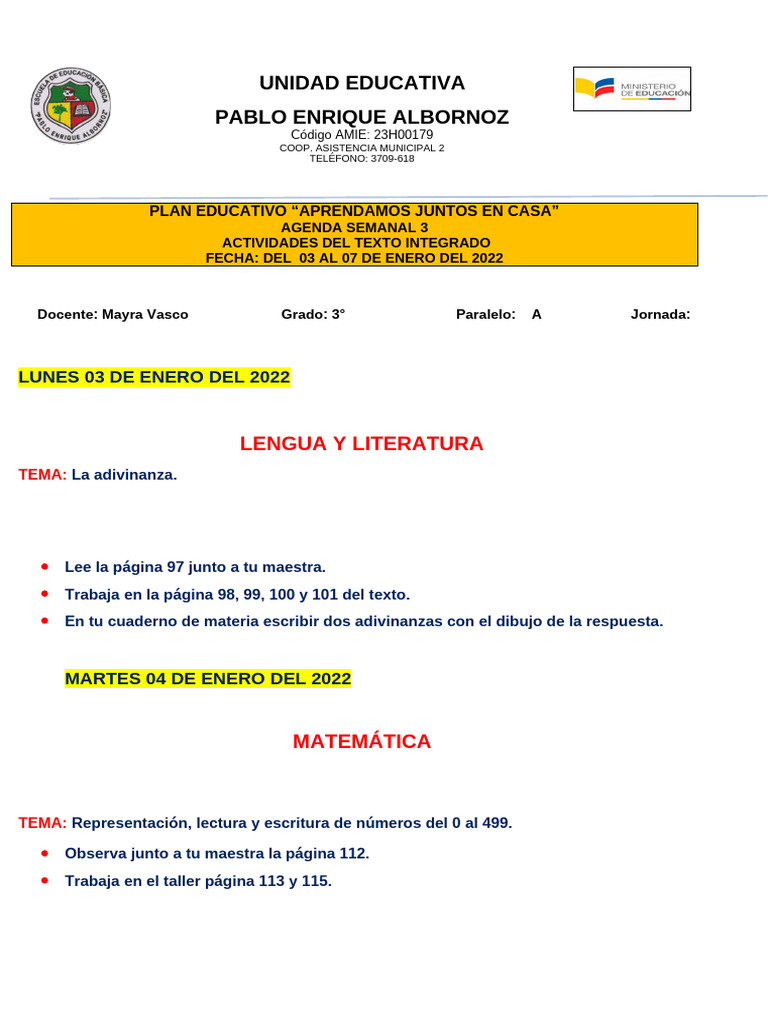Actividades Educativas del 3 al 7 de Enero | PDF