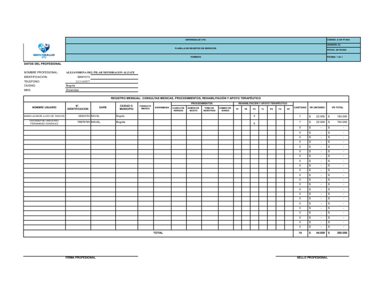 Planilla Registro de Servicios - Hoja1 | PDF