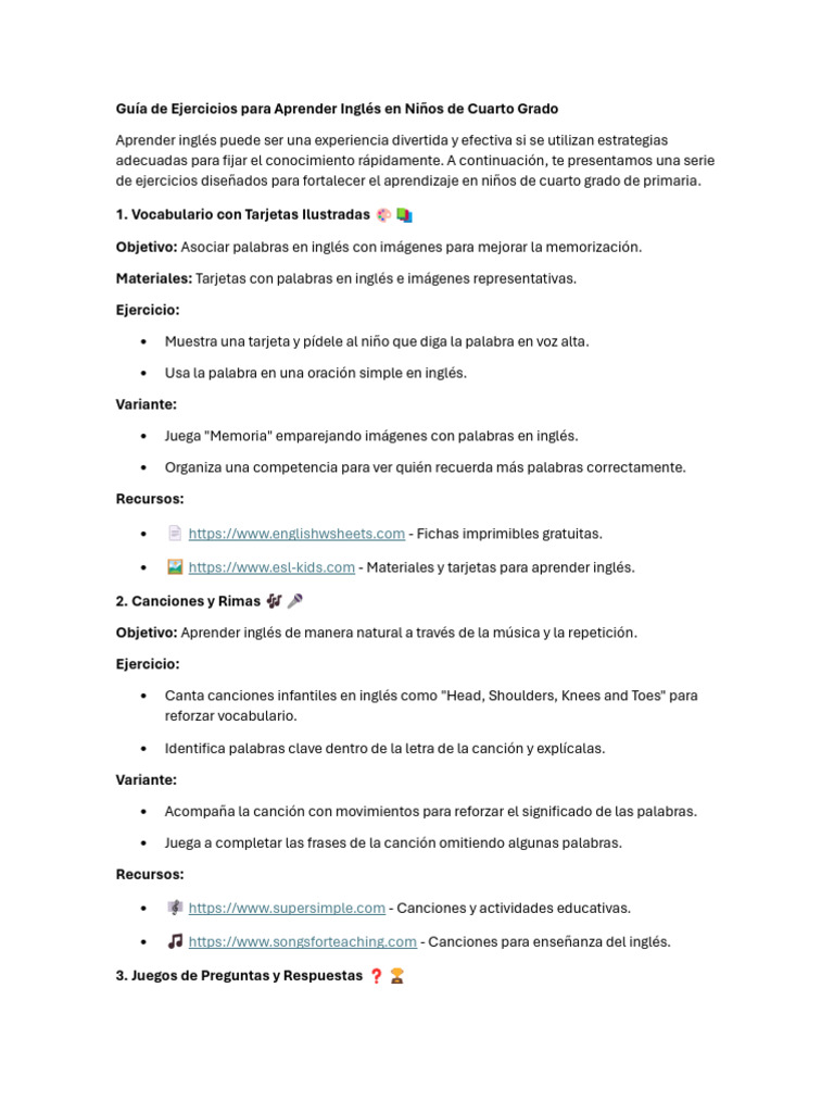 Guía de Ejercicios para Aprender Inglés en Niños de 4° Grado | PDF ...