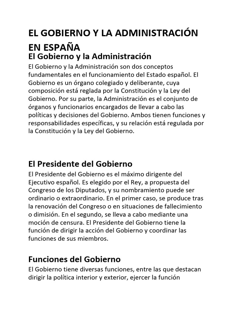 RESUMEN EL GOBIERNO Y LA ADMINISTRACION EN ESPANA.pdf | PDF ...