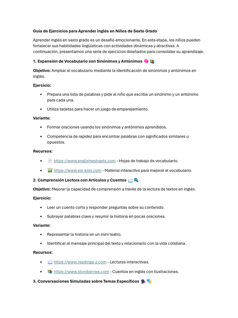 Guía de Ejercicios para Aprender Inglés en Niños de 6° Grado | PDF |  Lingüística | Comunicación humana, image size:768x1024