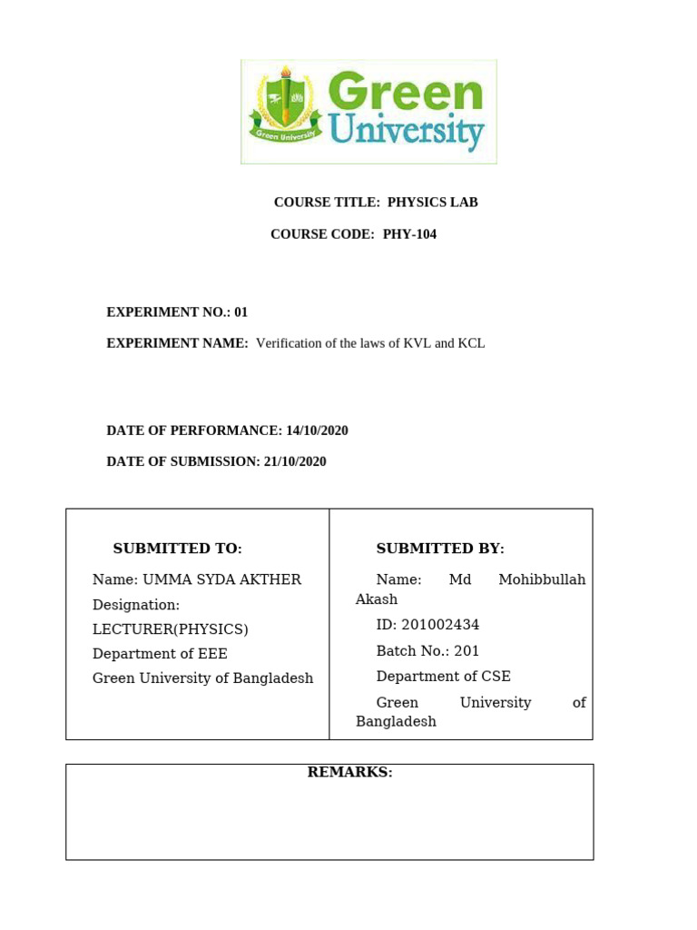 KVL and KCL Verification Lab Report | PDF | Series And Parallel ...