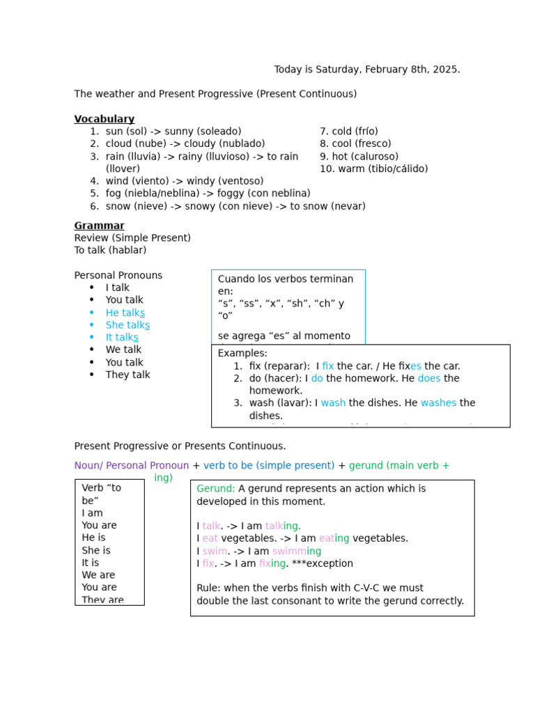 Weather and Present Progressive Guide | PDF | Verb | Linguistics