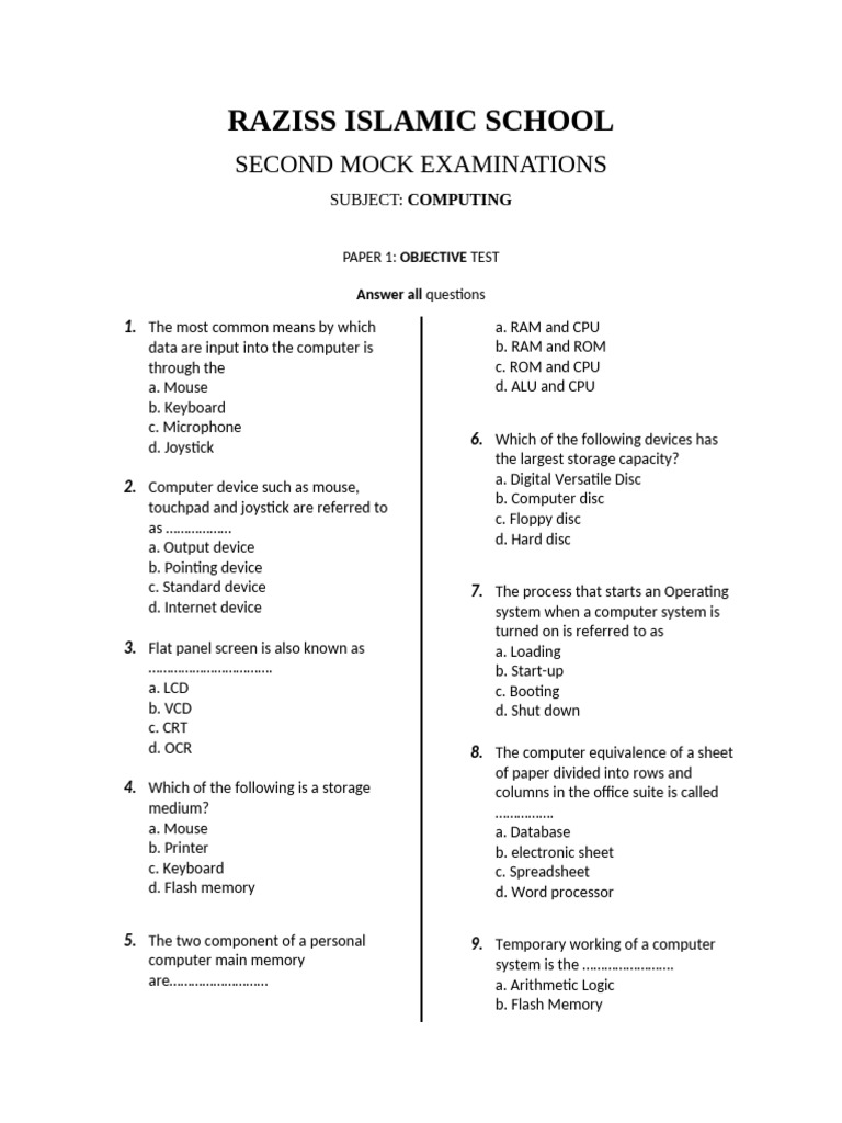Ict Second Mock Examinations Pdf Computer Data Storage Keyboard