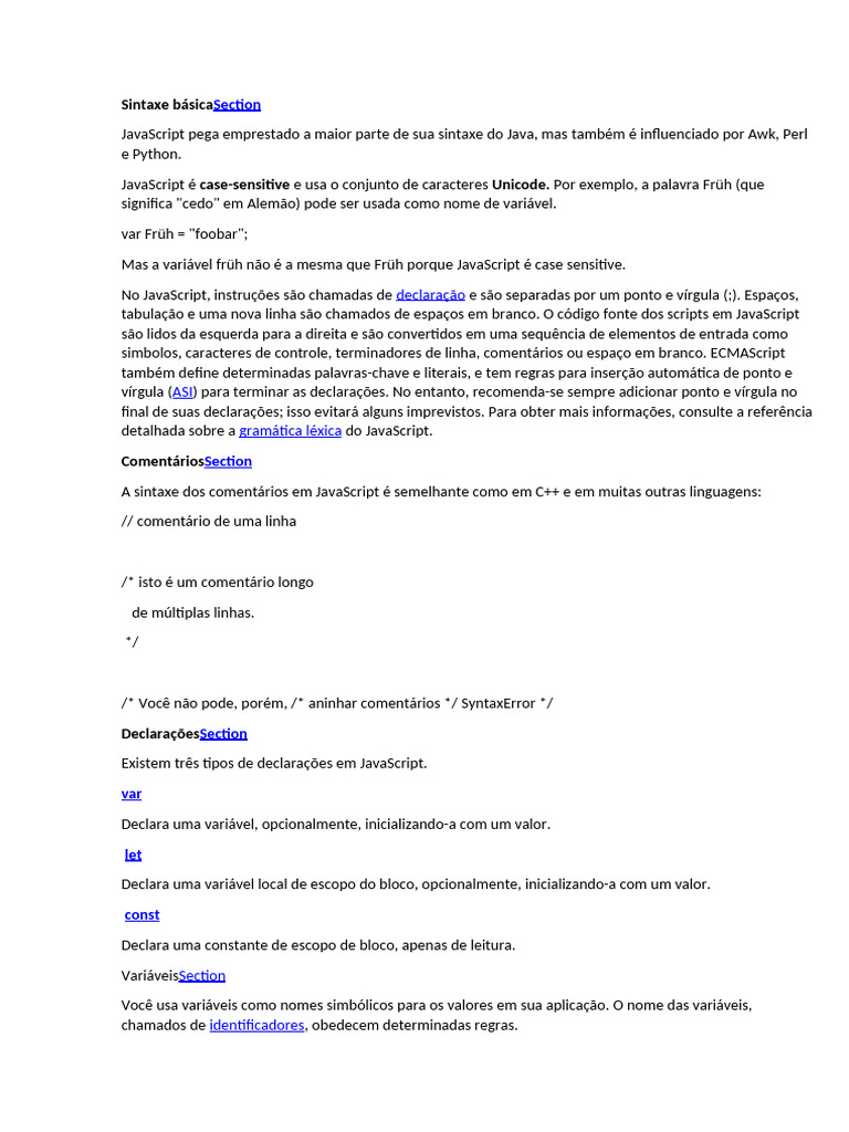 Sintaxe e Declarações em JavaScript | PDF | Script Java | Integer ...