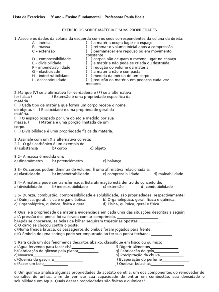 Exercícios sobre Propriedades da Matéria | PDF | Matéria | Metais