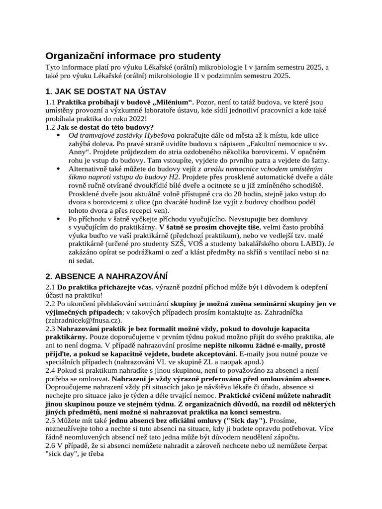 Organizacni Informace Pro Studenty | PDF