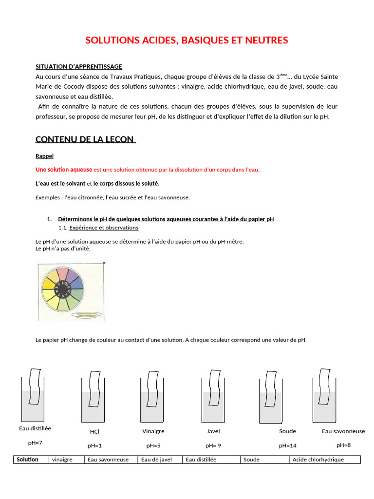 Solutions acides, basiques et neutres | PDF | Ph | Acide