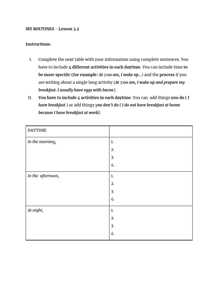 Daily Routine Writing Exercise | PDF