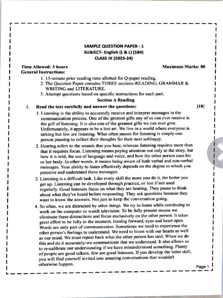 Class IX English Sample Question Paper | PDF | Nonverbal Communication ...