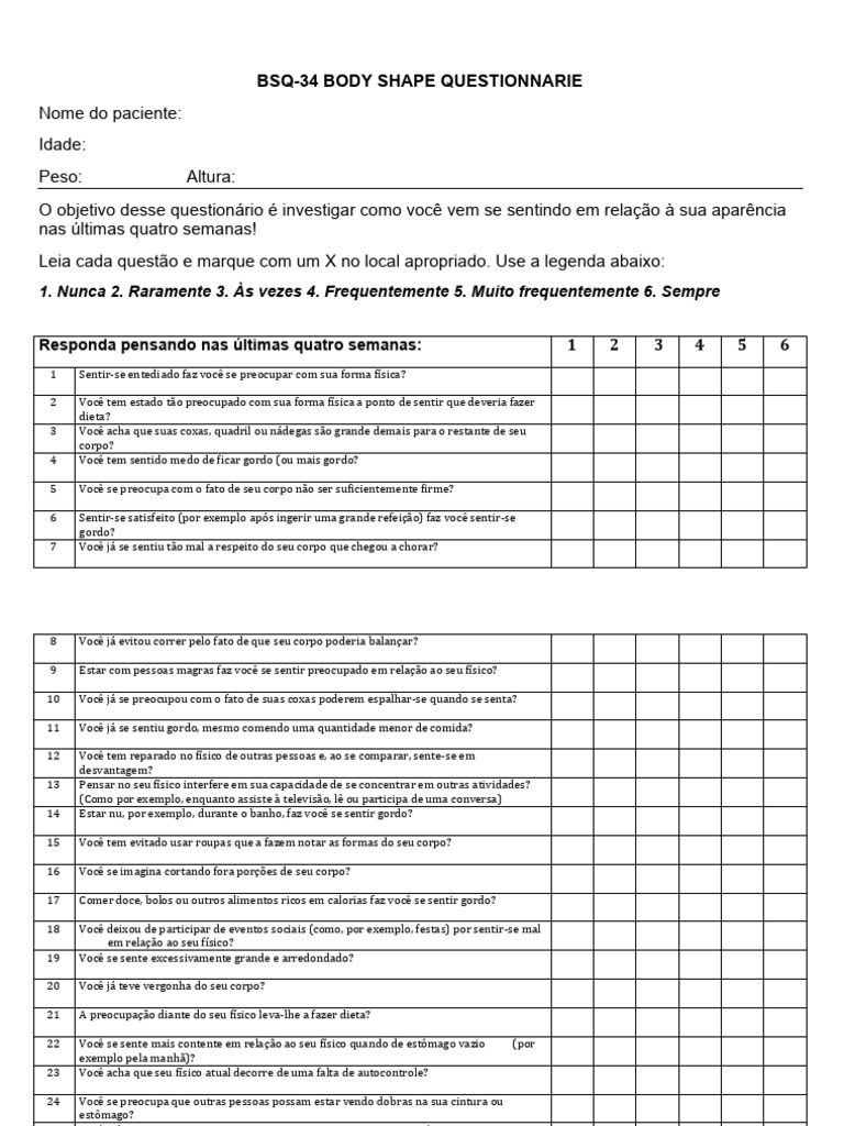 Questionário de Forma Corporal BSQ-34 | PDF