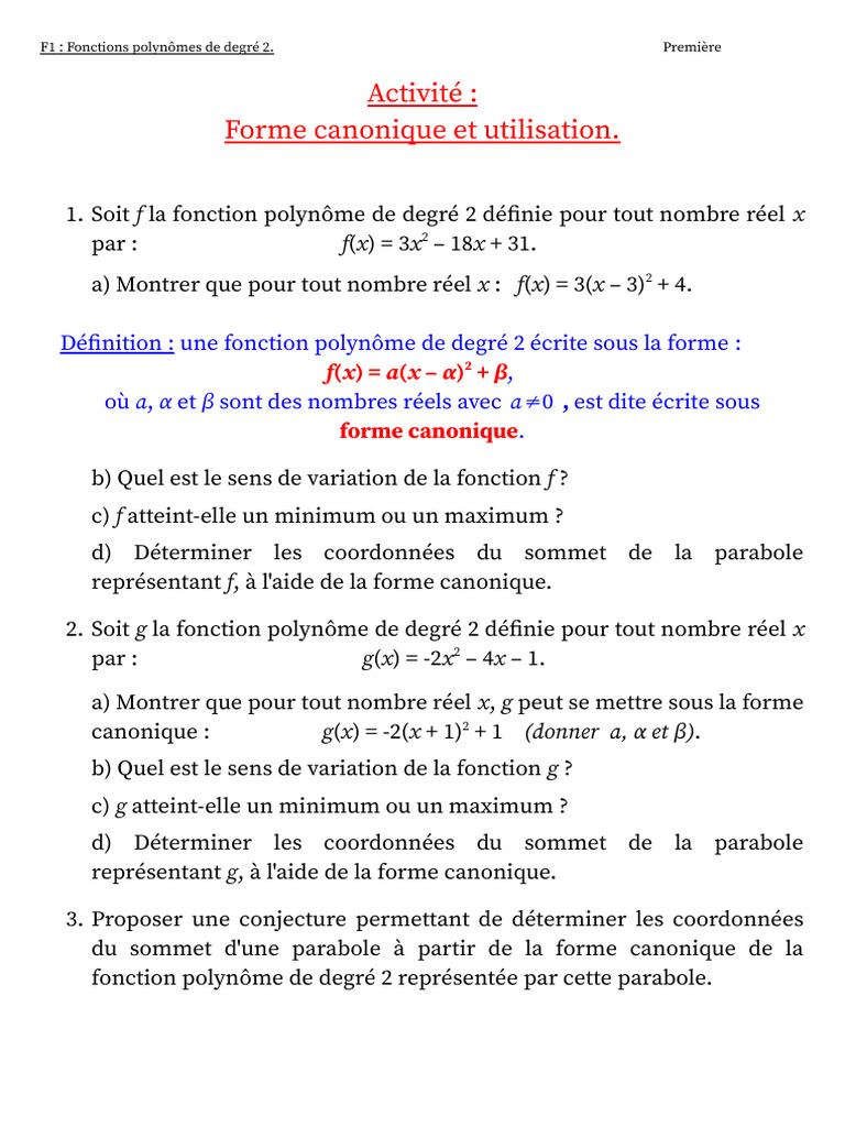 Fonctions polynômes de degré 2 : forme canonique | PDF