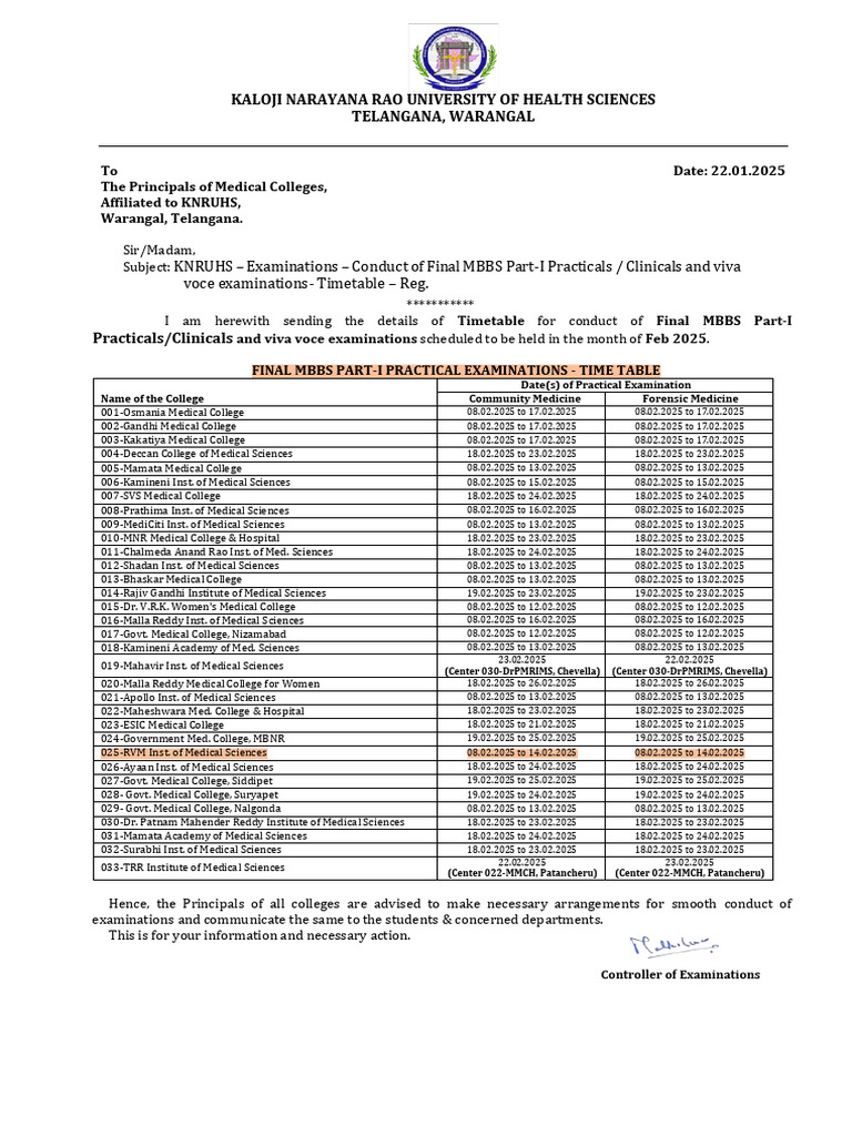 KNRUHS MBBS 1st Year Exam Schedule 2025 | PDF | Medical School | Health ...