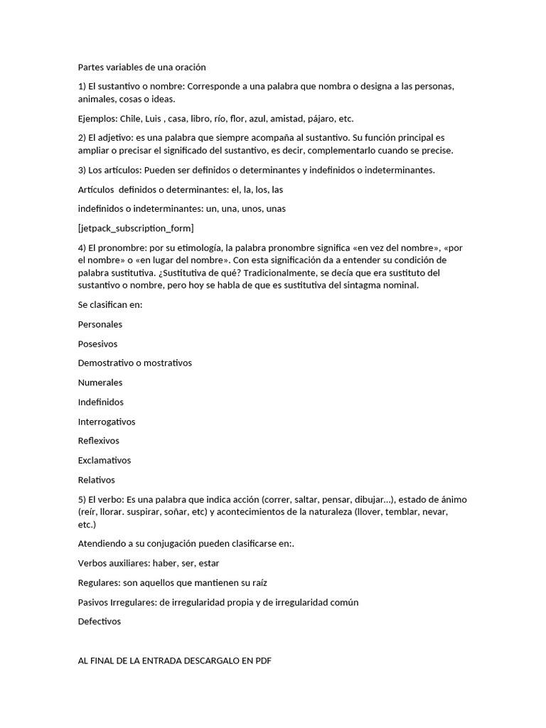 Partes Variables de Una Oración Imprimir | PDF | Sintaxis | Gramática