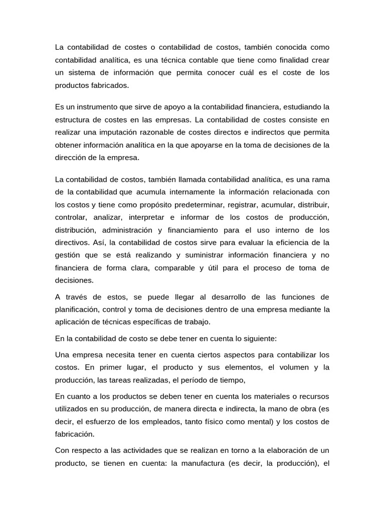 La Contabilidad de Costes o Contabilidad de Costos | PDF | Contabilidad ...