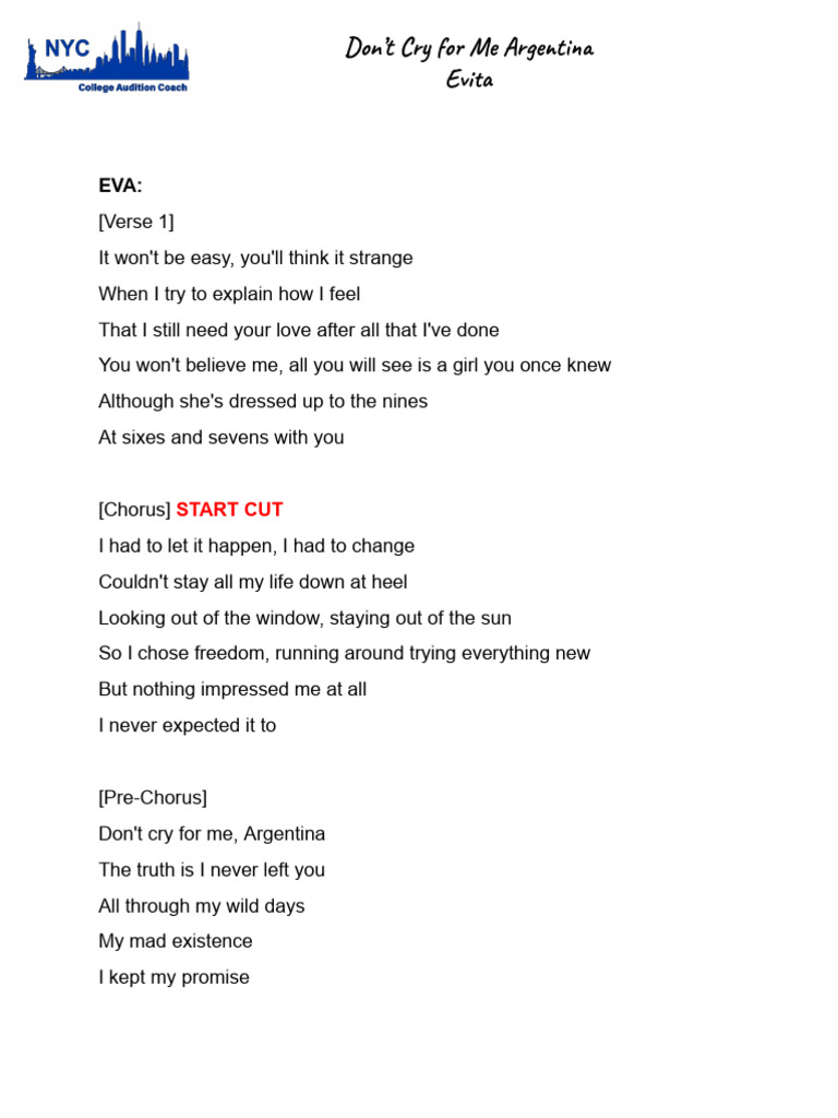Don't Cry for Me, Argentina Lyrics | PDF