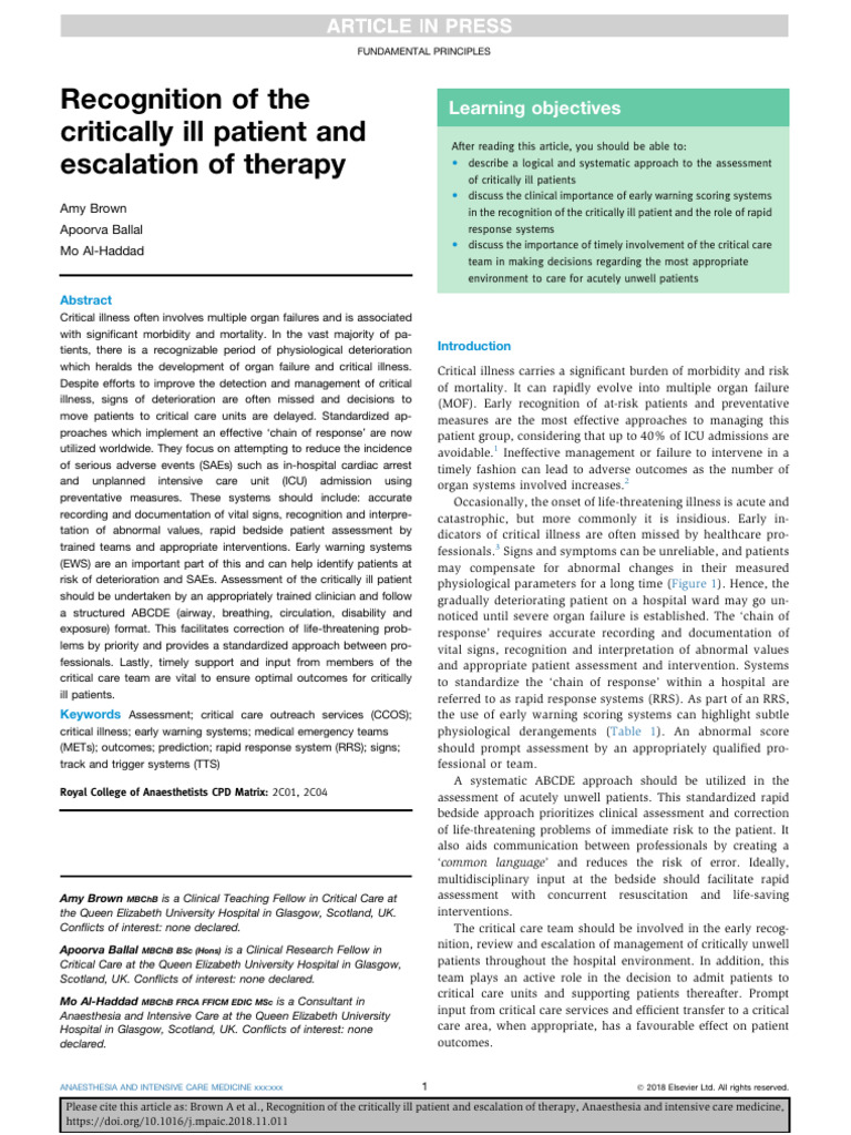 Recognition of The Critically Ill Patien | PDF | Intensive Care ...