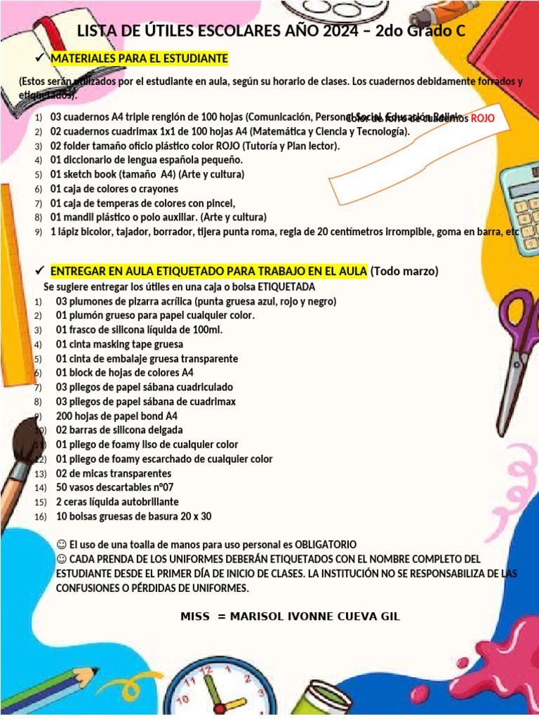 Lista de Útiles Escolares Segundo Grado C | PDF