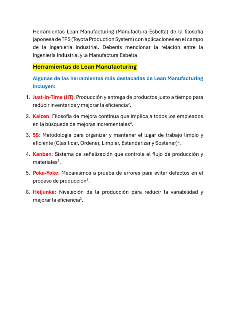 Herramientas de Lean Manufacturing Esbelta | PDF | Lean Manufacturing ...