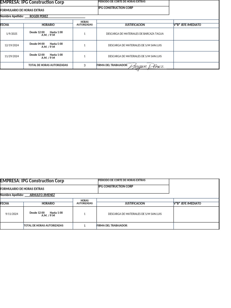 Formulario de Horas Extras IPG Construction | PDF