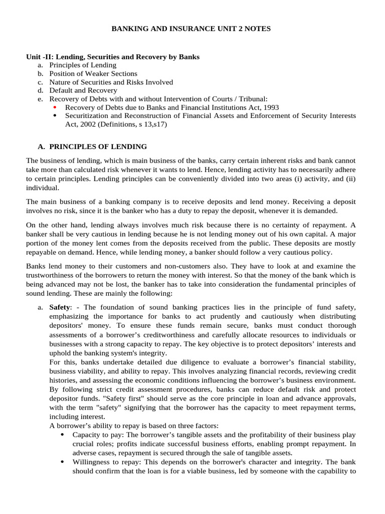 Banking and Insurance Unit 2 Notes | PDF | Loans | Banks
