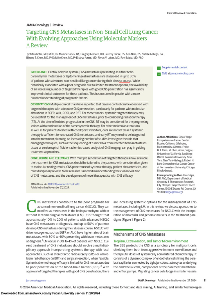 Targeting CNS Metastases in Non-Small Cell Lung Cancer With Evolving ...