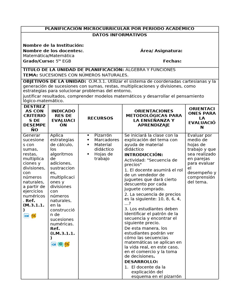 Planificación Matemática 5to EGB: Sucesiones | PDF | Secuencia | Enseñando