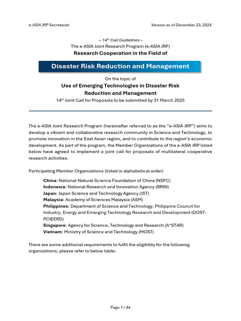 e-ASIA JRP 14th Call for Proposals | PDF | Disaster Risk Reduction ...