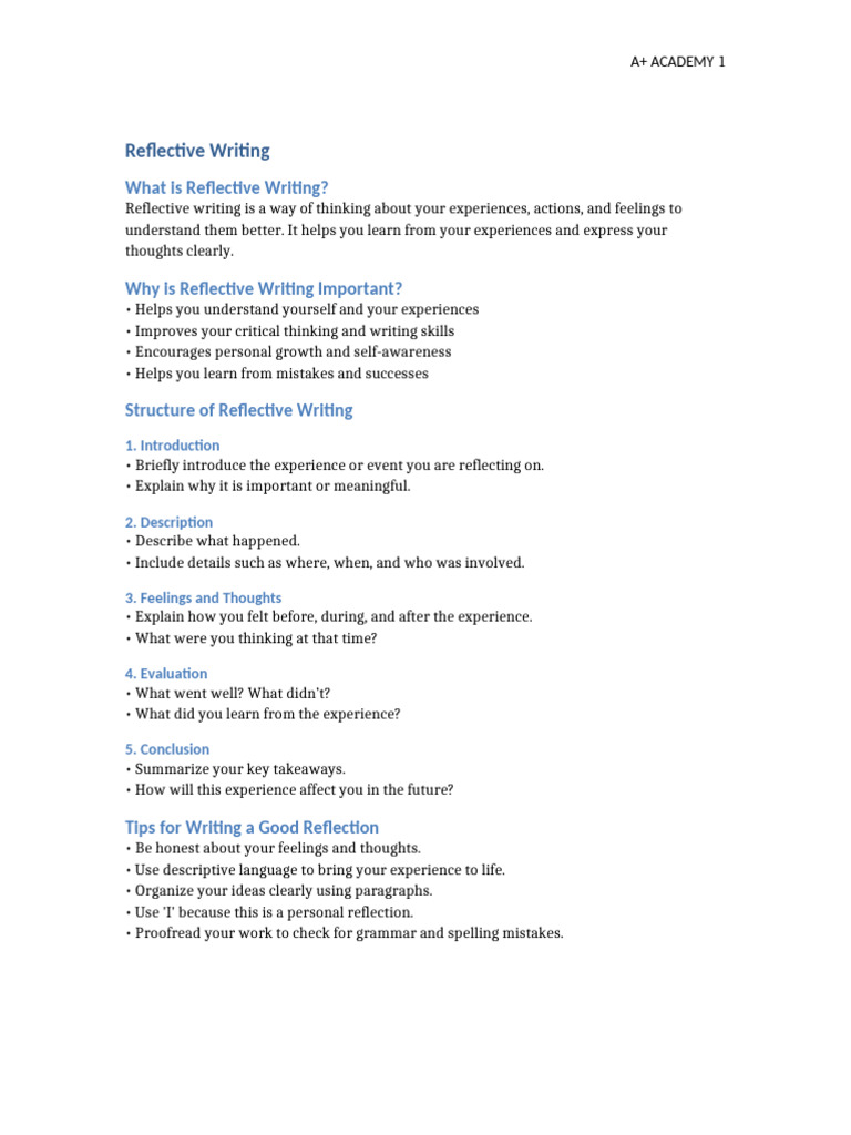 Guide to Reflective Writing Essentials | PDF | Thought | Experience