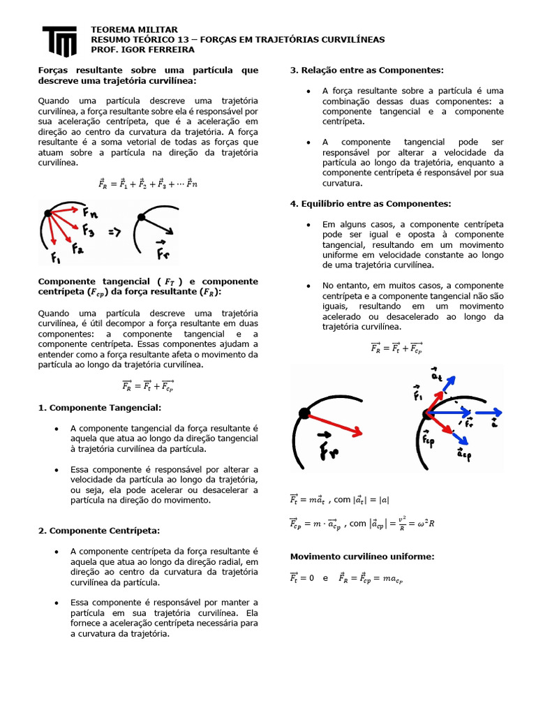 Forças em Trajetórias Curvilíneas | PDF | Trajetória | Aceleração