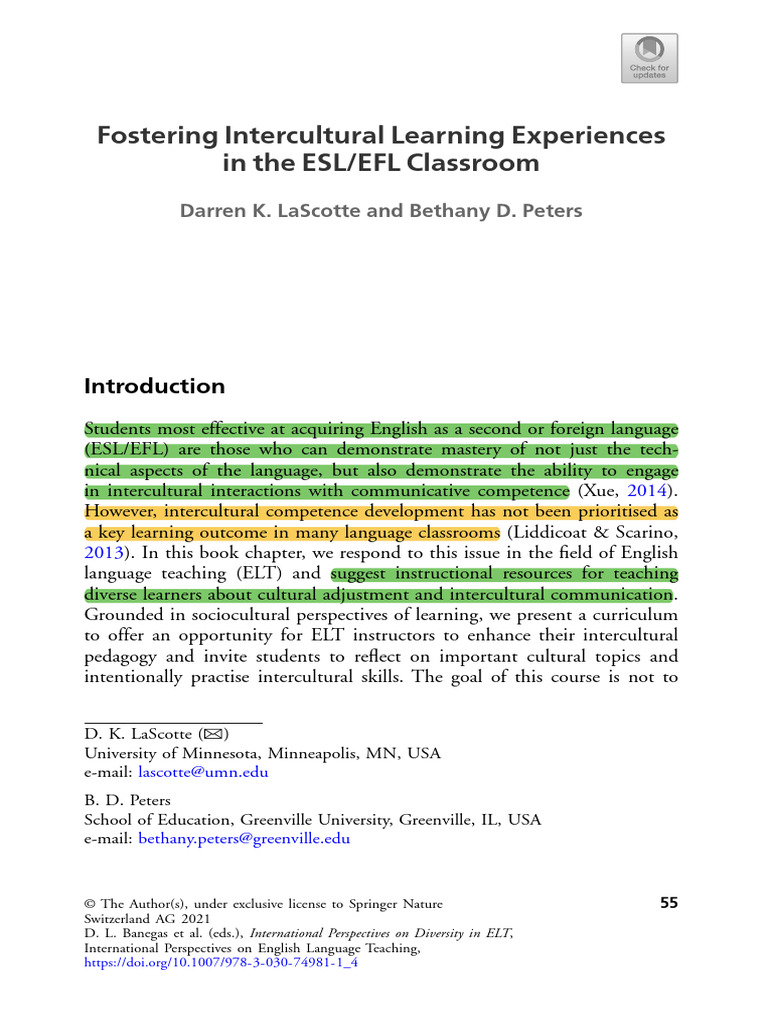 Intercultural Learning in ESL/EFL Classrooms | PDF | English As A ...