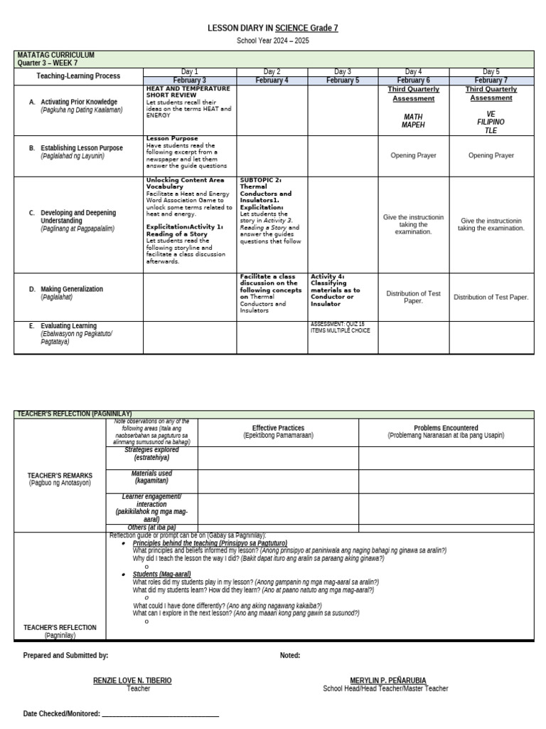 Grade 7 Science Lesson Diary: Week 7 | PDF | Heat | Cognition