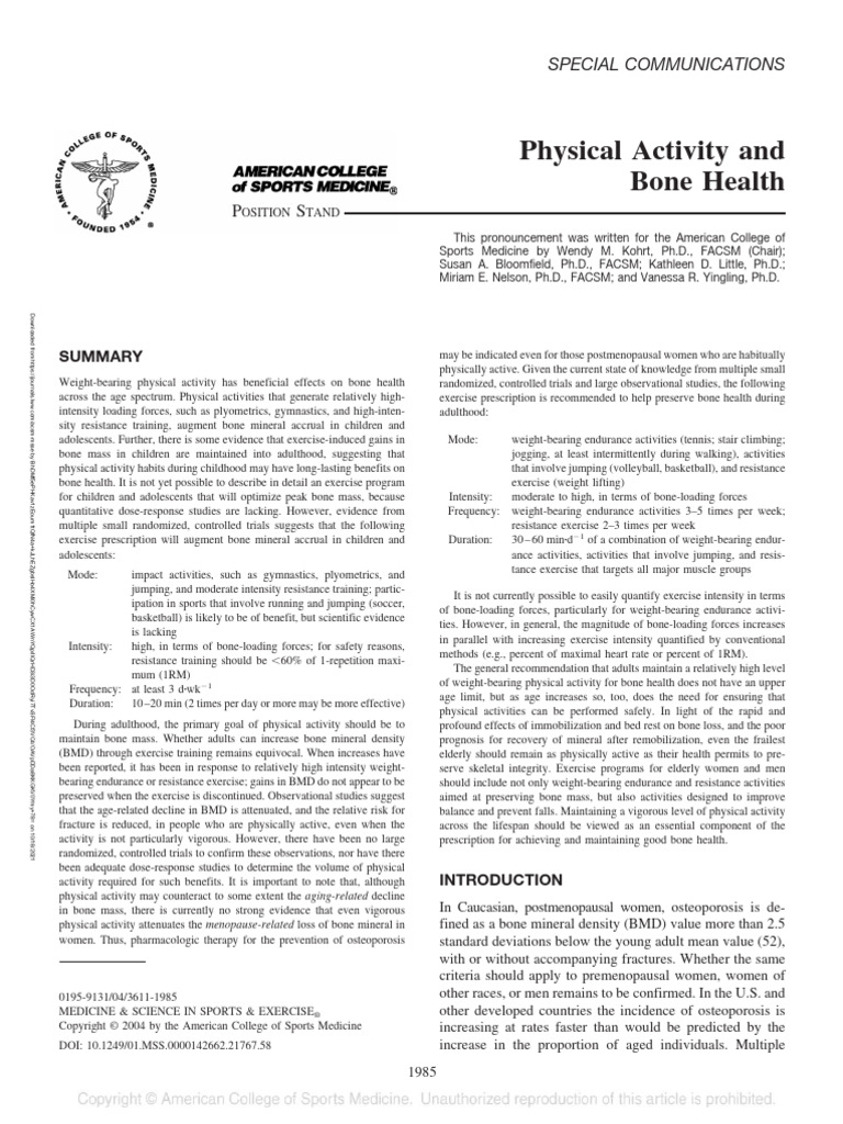 ACSM Position on Physical Activity and Bone Health | PDF | Osteoporosis ...