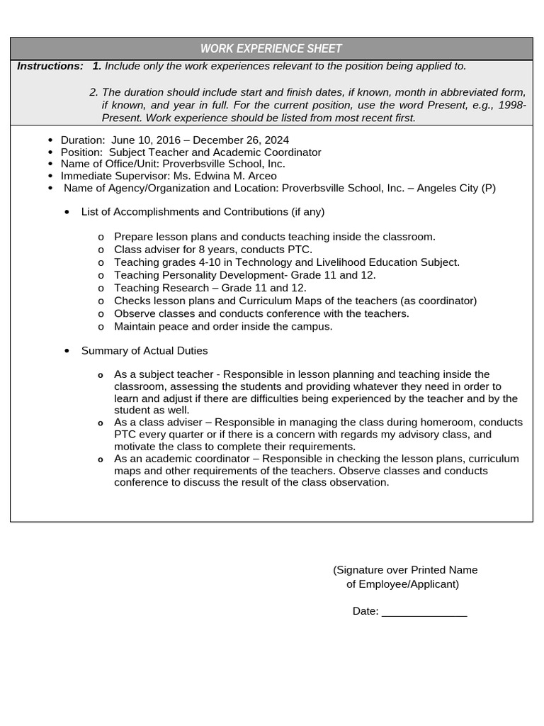 CS Form No. 212 Attachment - Work Experience Sheet | PDF | Teachers ...