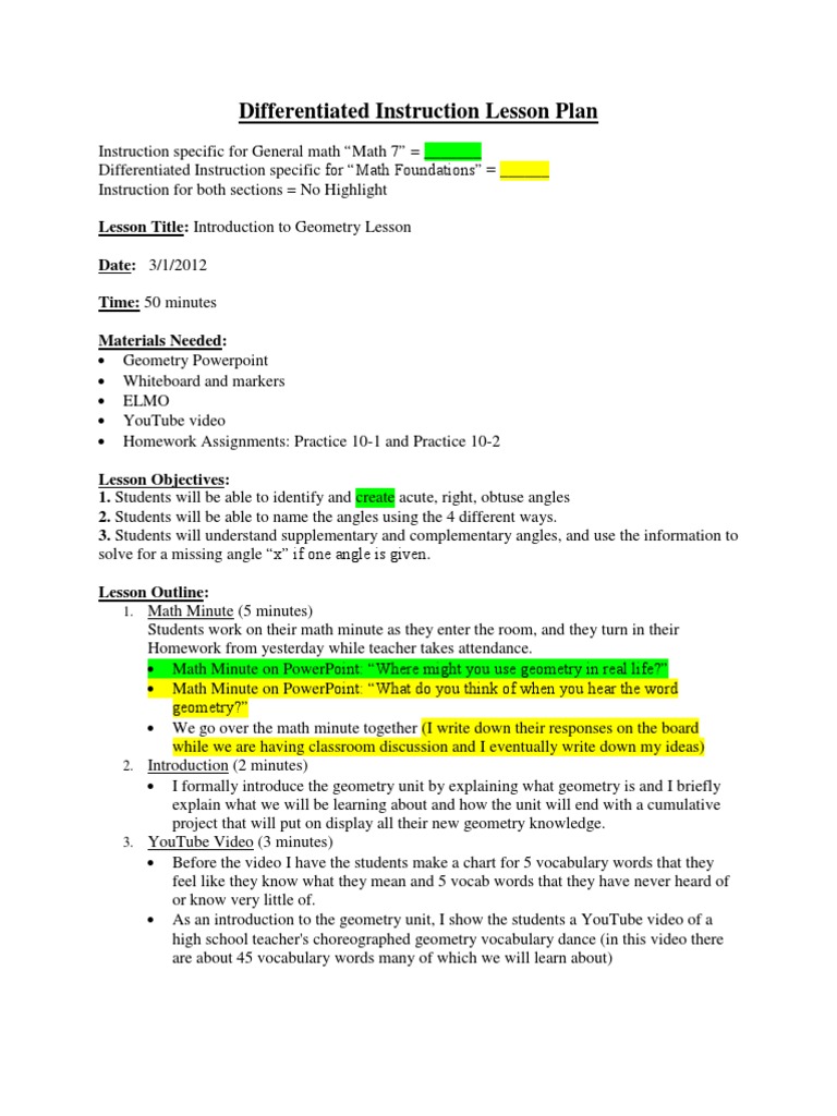 Differentiated Instruction Geometry Lesson Plan Differentiated Instruction Lesson Plan