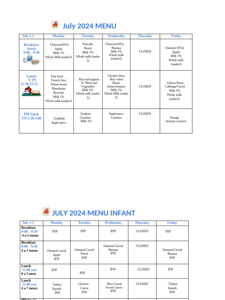 School MENU+JULY+2024 | PDF | Pancake | Lunch