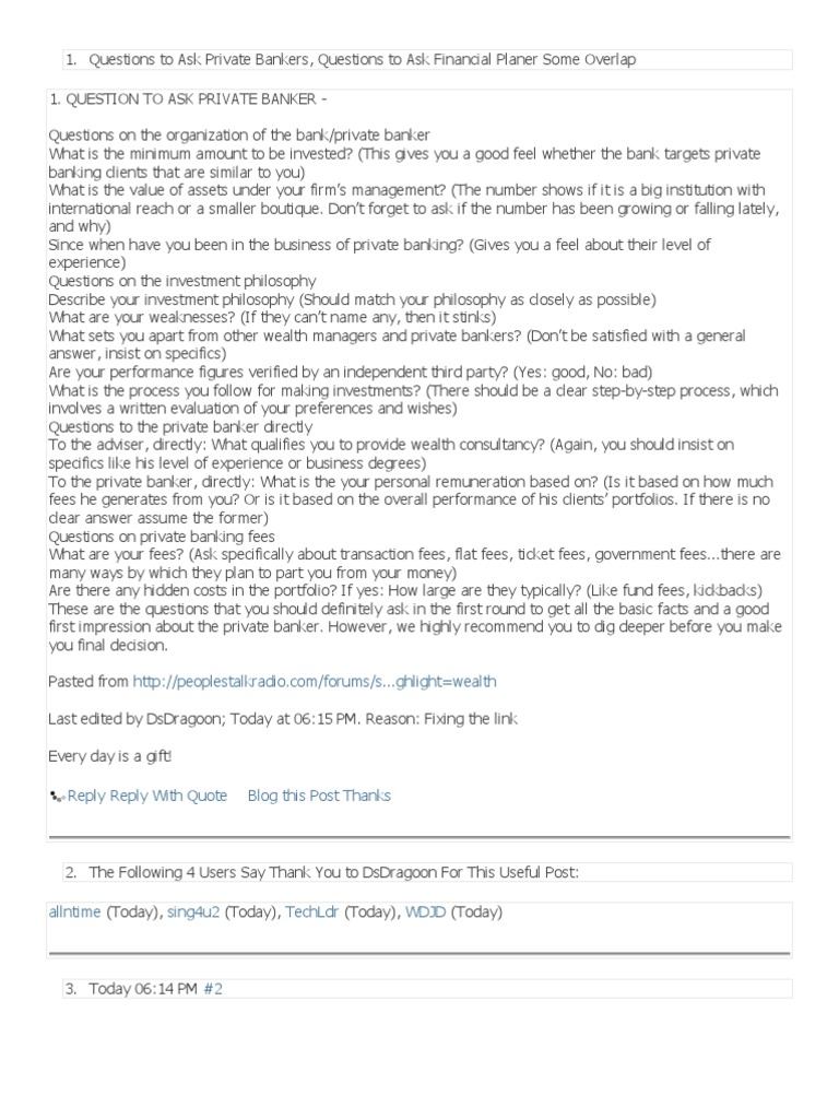 Questions To Ask Private Bankers & Financial Planers PDF Banks