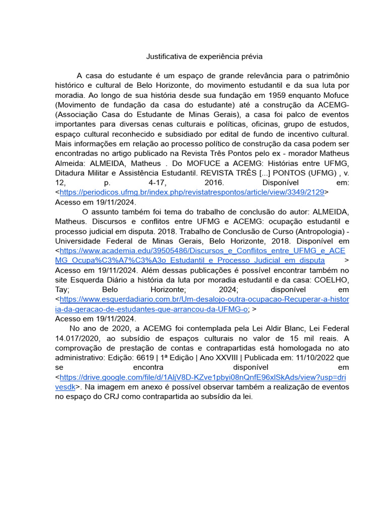 Justificativa da Experiência Prévia | PDF | Comunicação