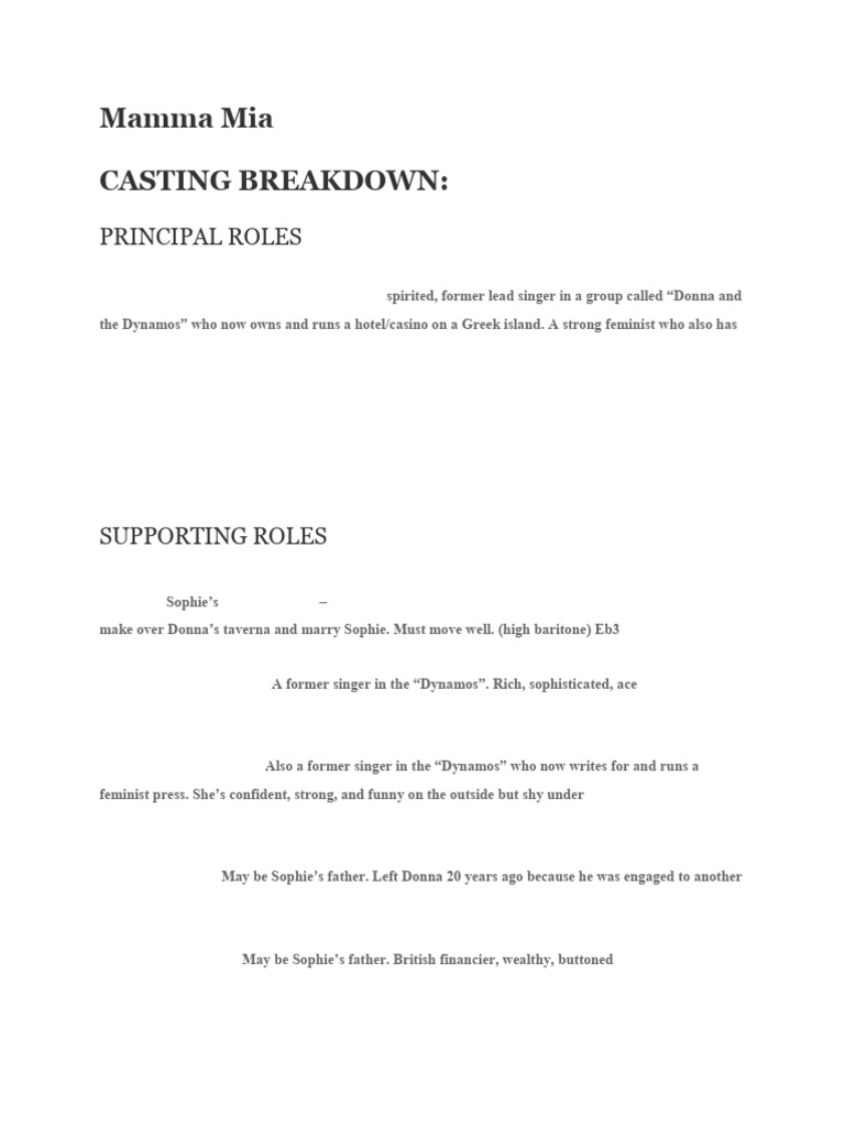 Mamma Mia Character Casting Breakdown | PDF | Singing | Vocal Music