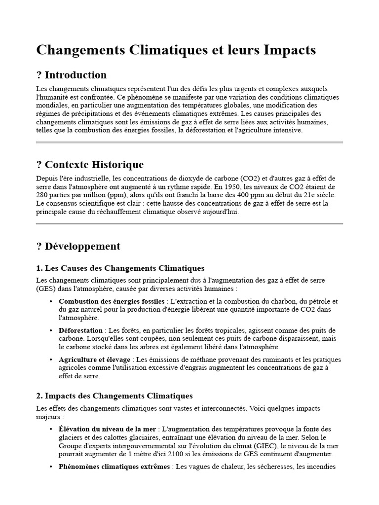 Changements Climatiques : Causes et Impacts | PDF | Changement ...