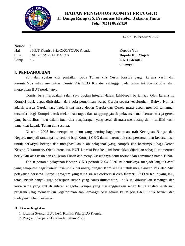 HUT Perdana Komisi Pria GKO Klender | PDF