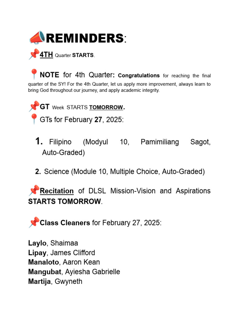 4th Quarter Academic Reminders & Tasks | PDF