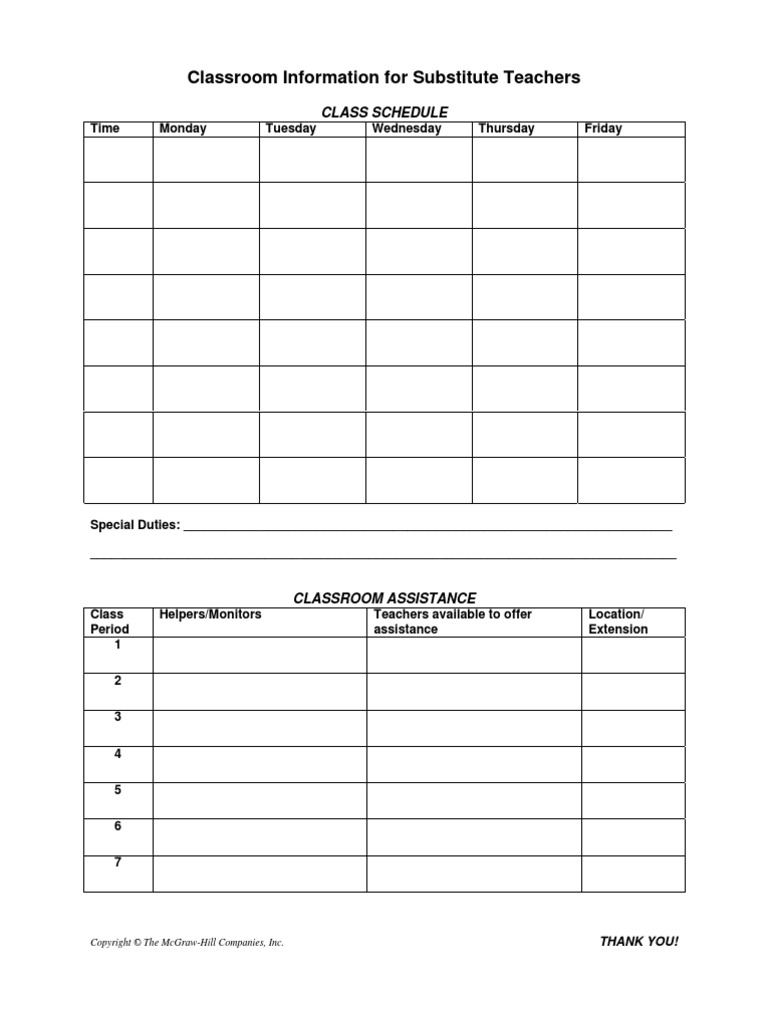 Classroom Information For Substitute Teachers: Class Schedule | PDF ...