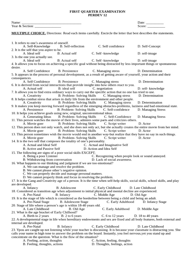 PerDev 12 First Quarter Exam Guide | PDF | Adolescence | Creativity