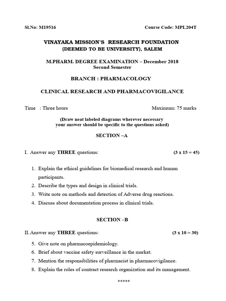 Clinical Research & Pharmacovigilance Exam | PDF