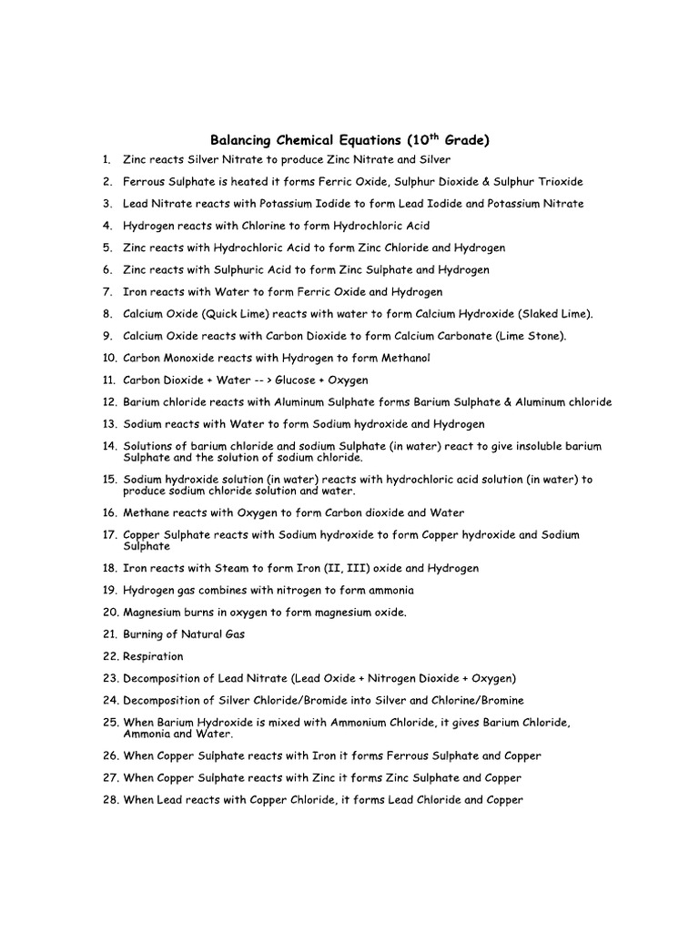 Balancing Equations Worksheet Class 10 | PDF