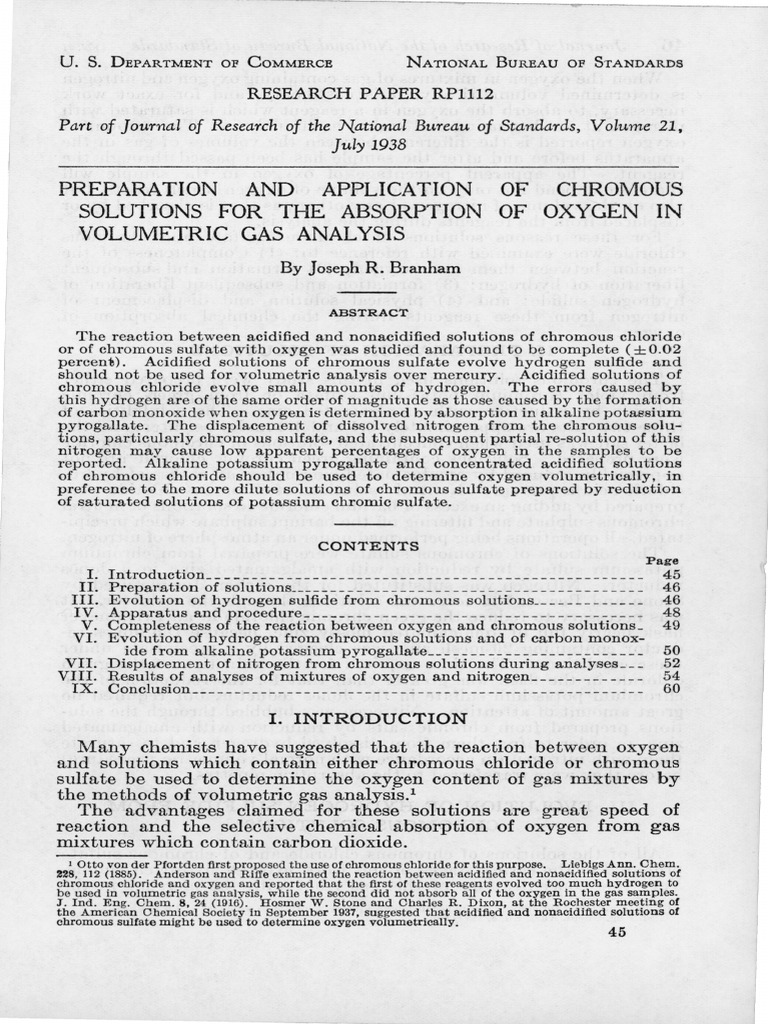 Gas Analysis of Oxygen Using Chromous Solutions | PDF | Combustion | Oxygen