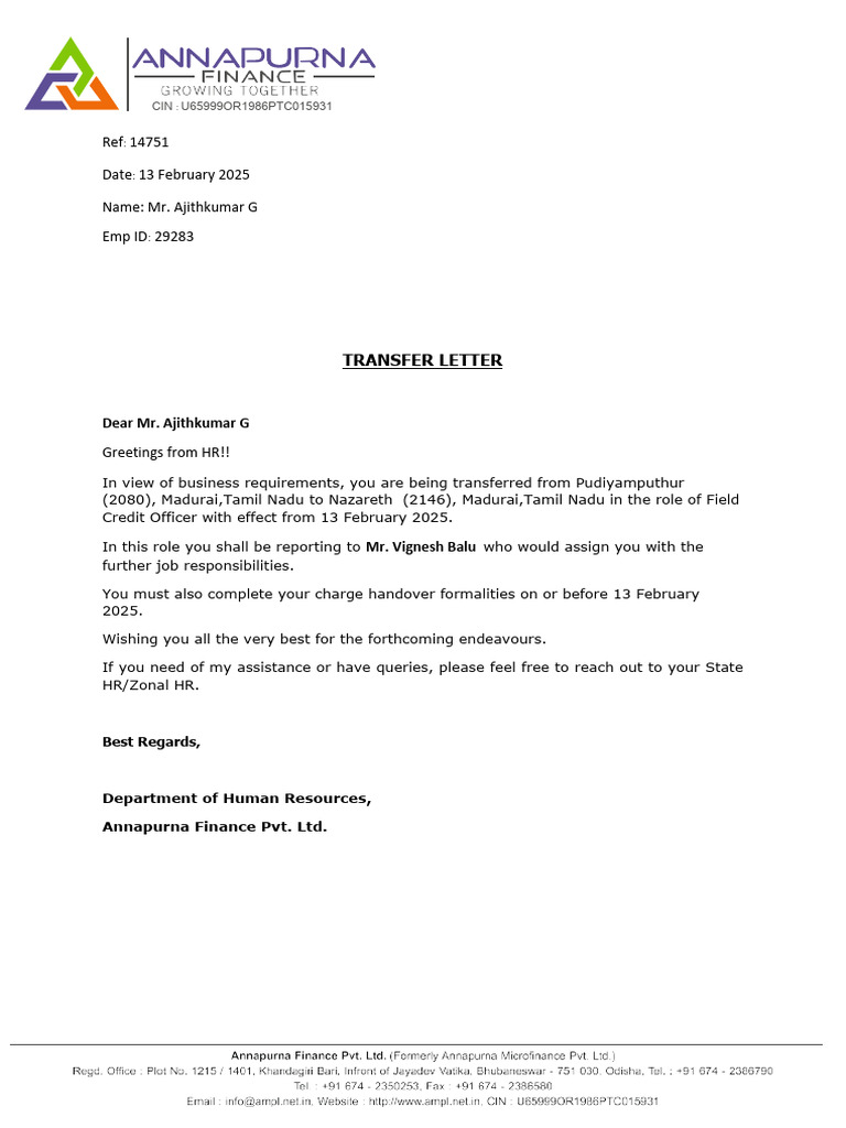 Job Transfer Notification for Ajithkumar G | PDF