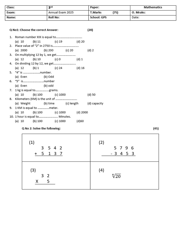3rd Grade Math Exam Questions | PDF | Mathematics