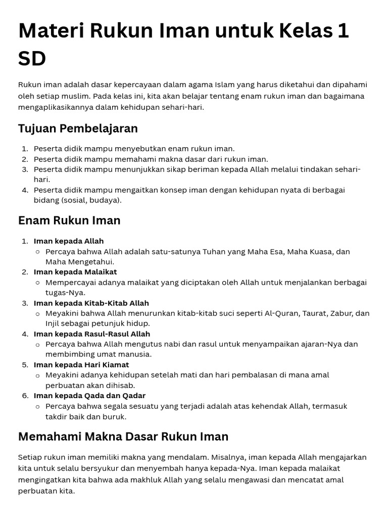 Materi Rukun Iman untuk Kelas 1 SD | PDF